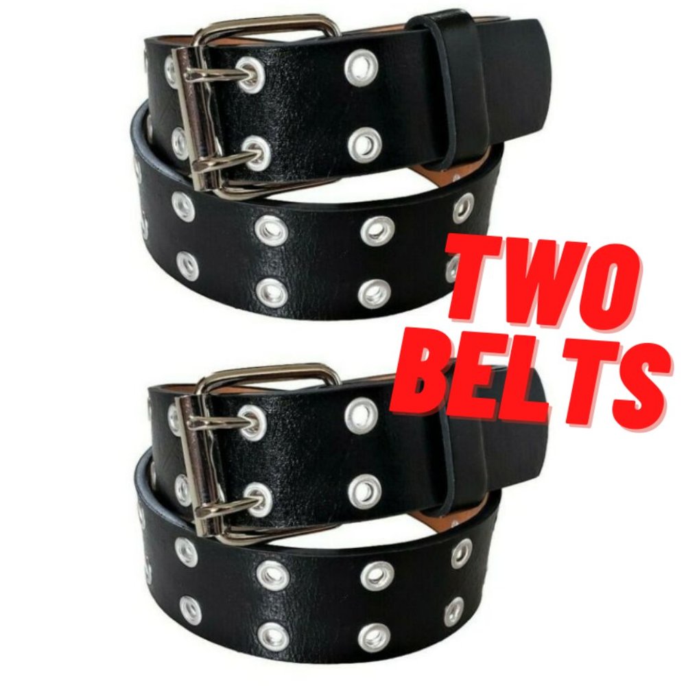 Two Belts Genuine leather two prong double row black belt